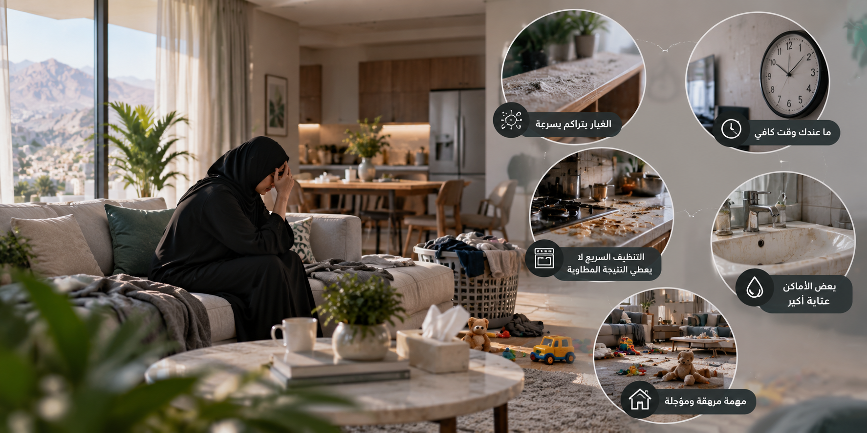 سيدة سعودية مرهقة داخل منزلها مع صور توضح تراكم الغبار وضيق الوقت وصعوبة تنظيف كل التفاصيل