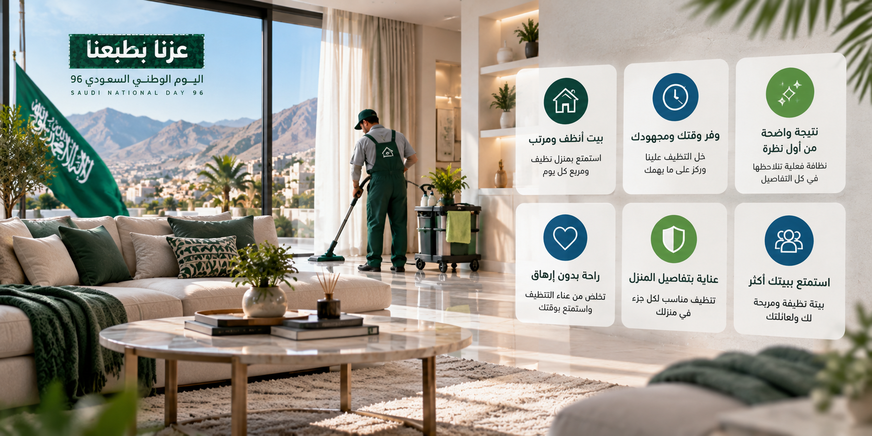منزل سعودي نظيف ومرتب مع عامل تنظيف محترف وبطاقات توضح فوائد الخدمة