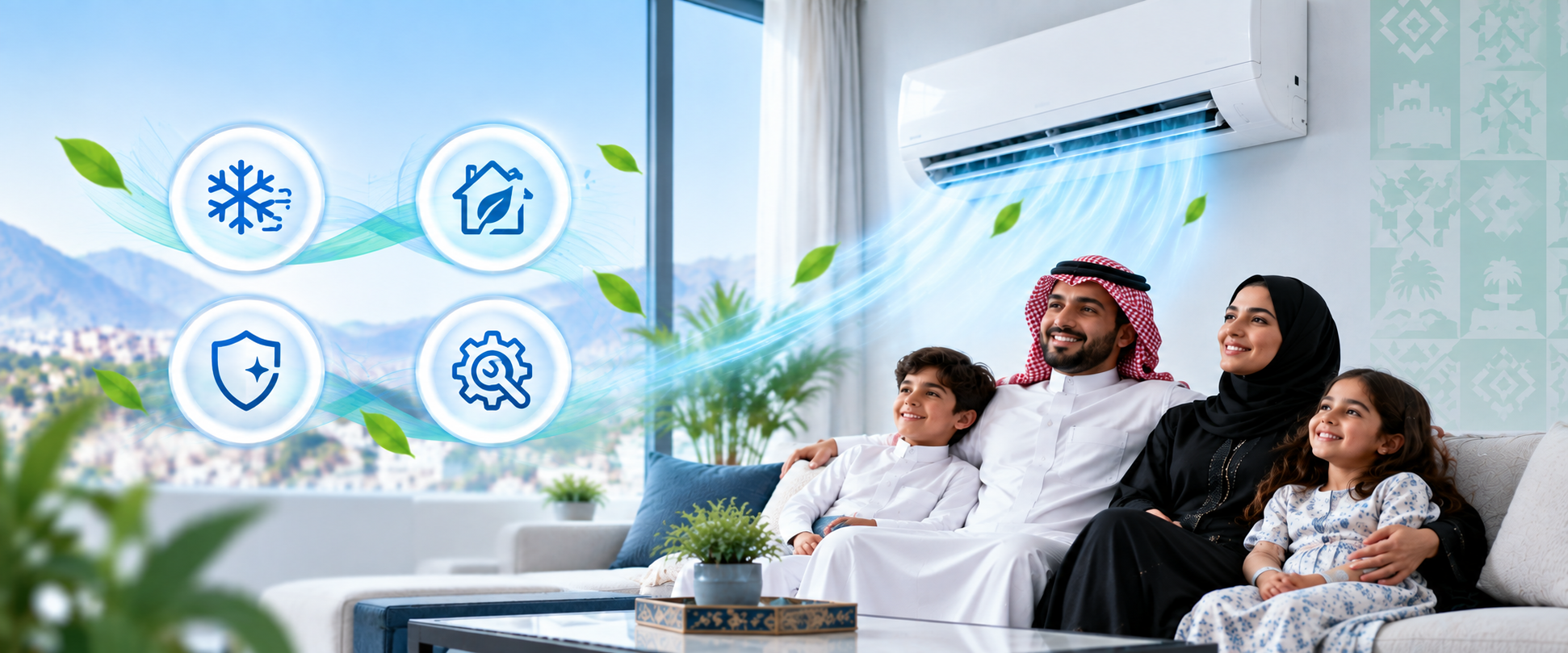 عائلة سعودية داخل غرفة معيشة مع مكيف سبليت يعمل بهدوء