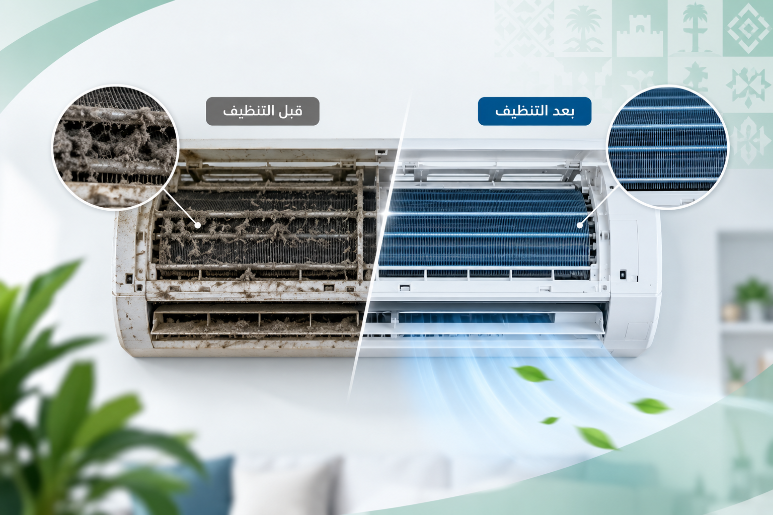 مكيف سبليت مفتوح من الداخل يظهر تراكم الغبار والأوساخ على المبخر قبل التنظيف ونظافته بعده