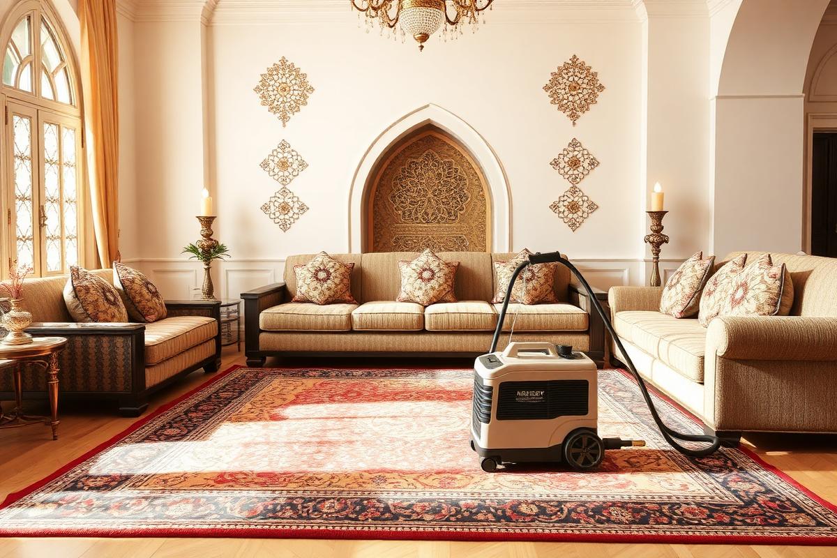 مجلس عربي أثناء تنظيف السجاد والكنب بجهاز تنظيف متخصص